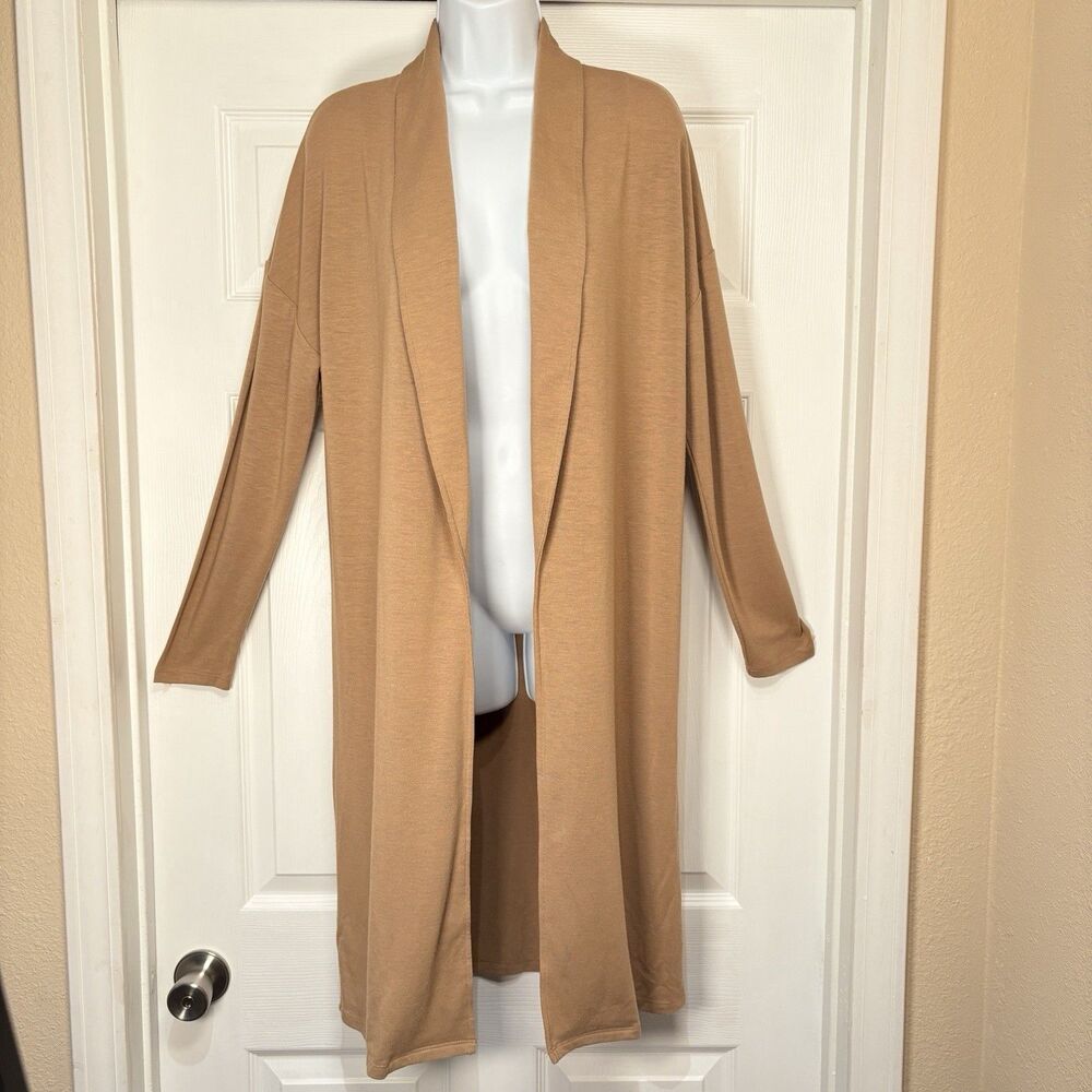 Ann Taylor Duster Cardigan Women Small Open Front Long Sleeve Beige Tan Soft